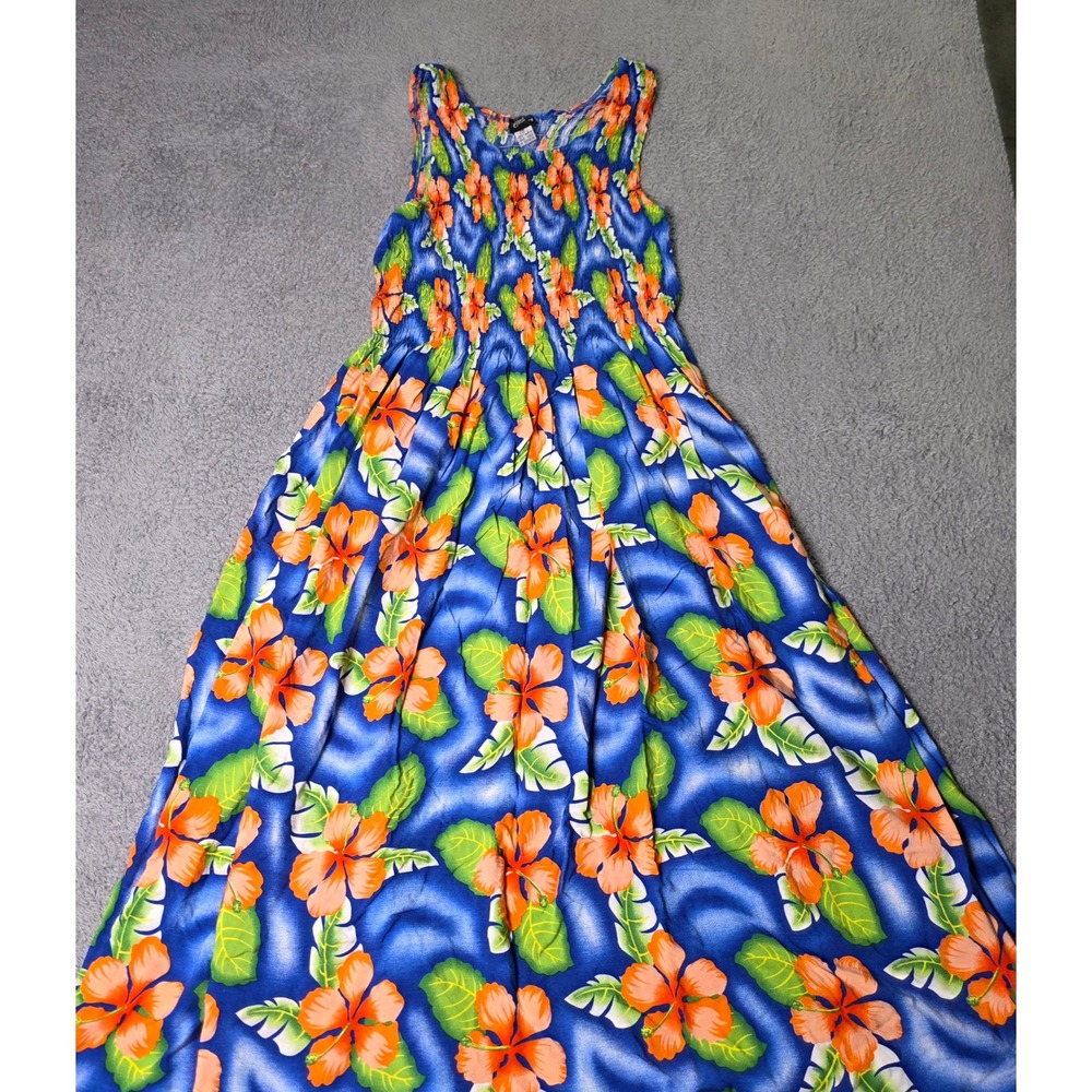 Royal Creations Womens OS Maxi Dress Blue Orange Hibiscus Floral Smocked Rayon